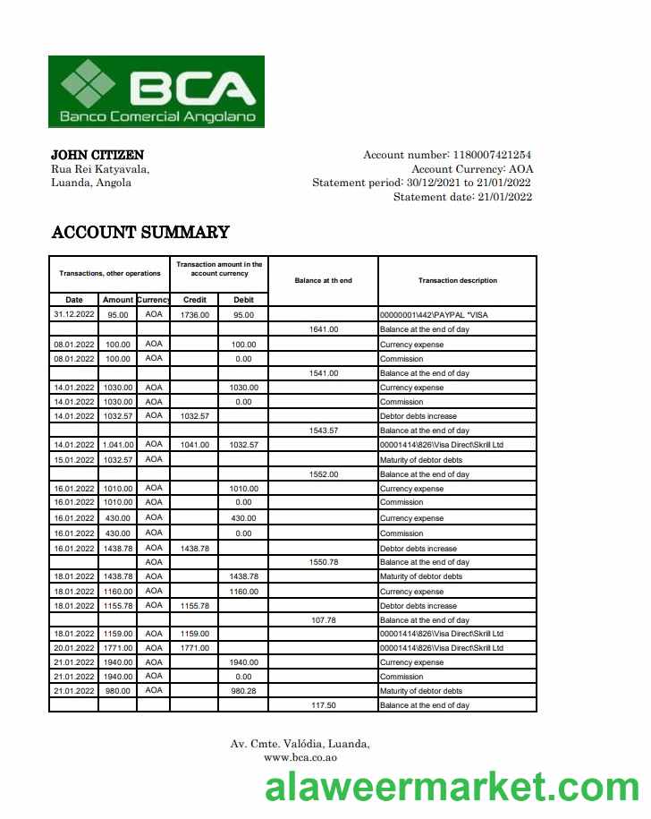 Angola Banco Comercial Angolano bank statement xls